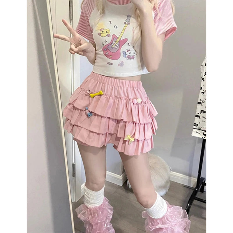Falda Mini Kawaii con Volados y Lazo — Estilo Y2K Harajuku