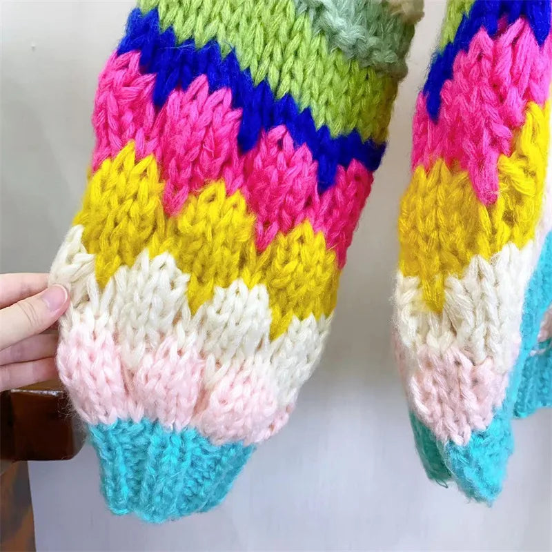 Sweater Grueso Color Block Artesanal — Manga Larga Casual