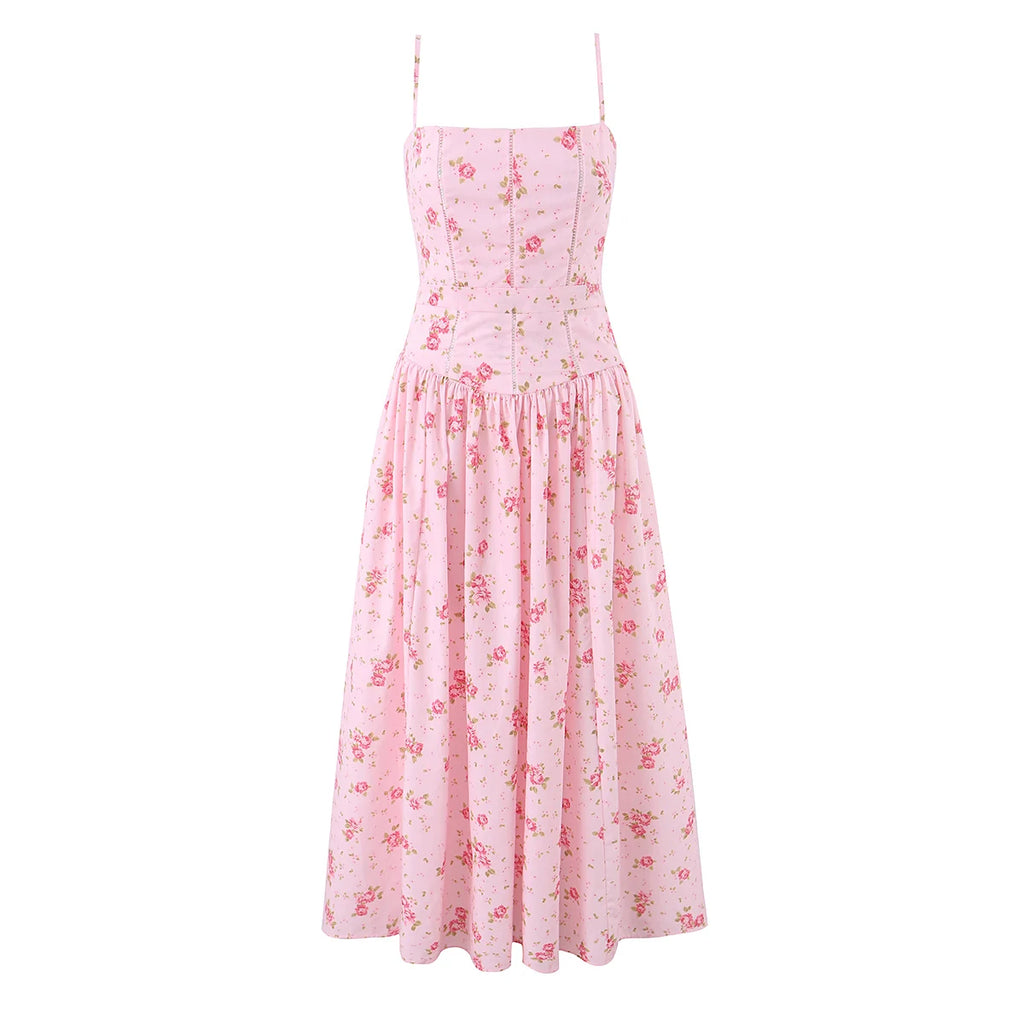 Vestido Largo de Tirantes Rosa con Encaje Calado