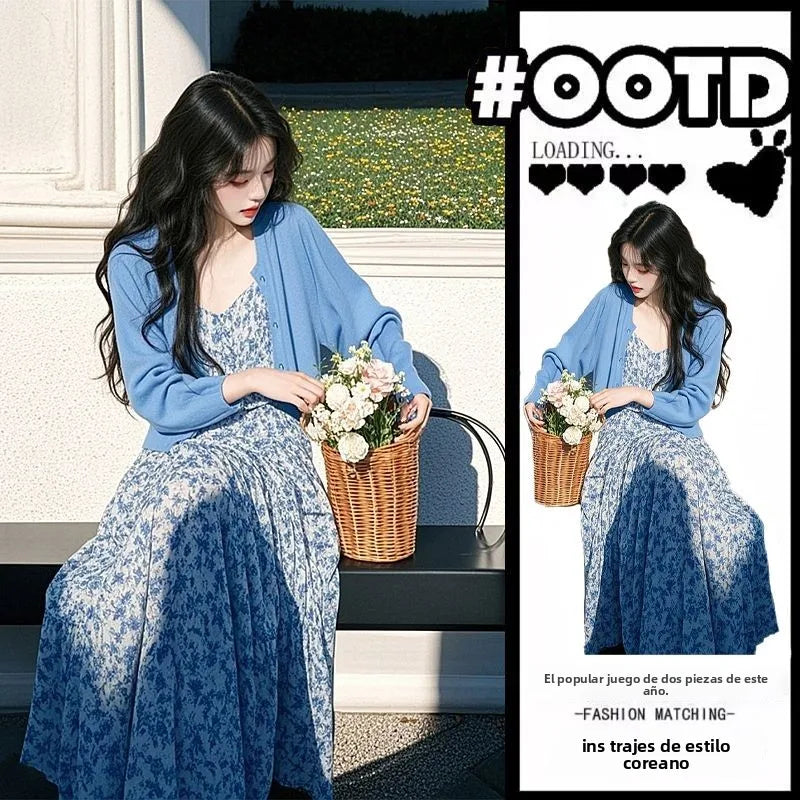 Conjunto Vestido Halter Floral y Cárdigan Abierto — Set Coreano