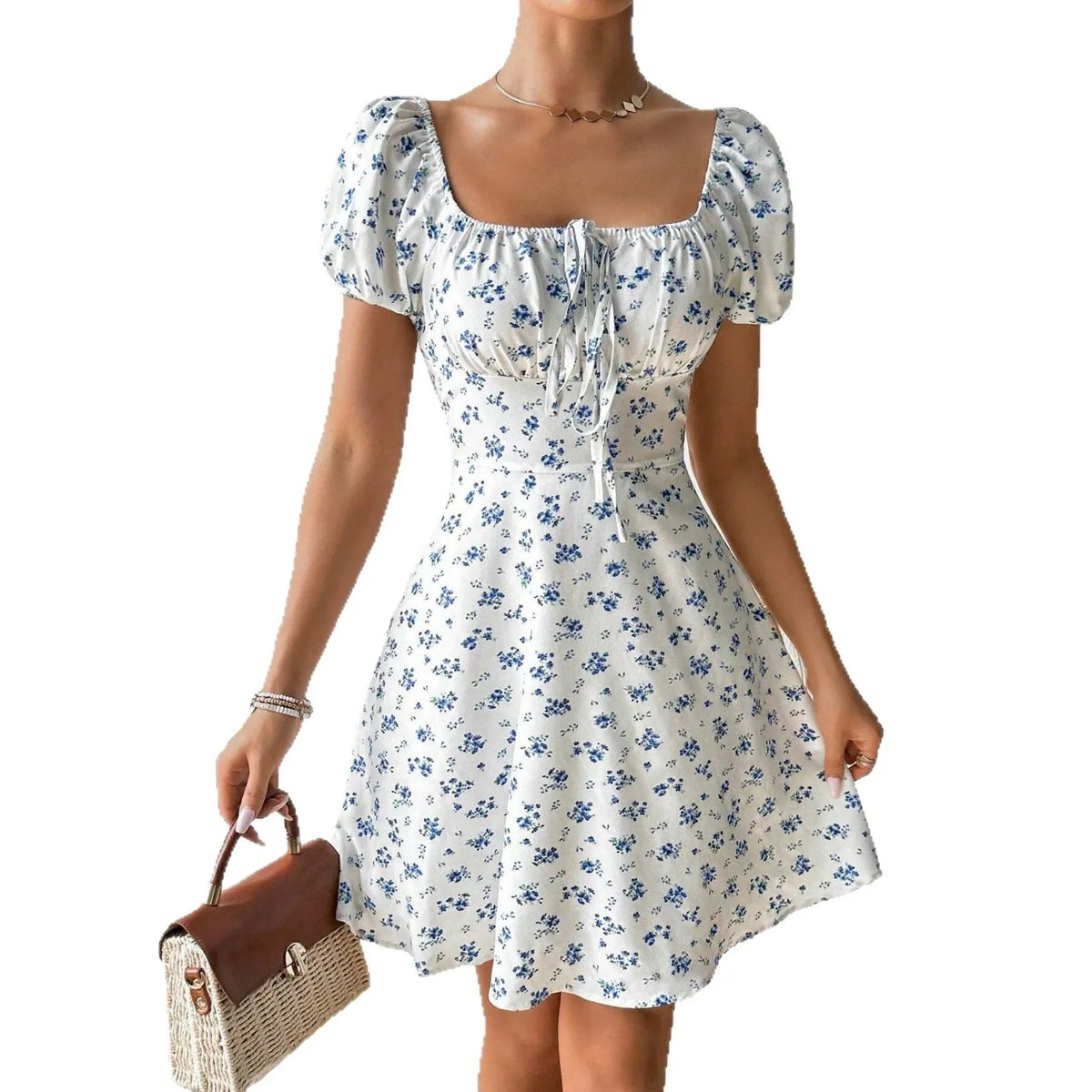 Vestido Midi Floral con Amarre — Escote Cuadrado y Manga Globo
