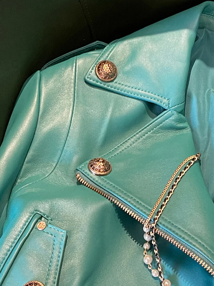 Chaqueta Biker de Cuero Vegano Verde — Cierre y Mangas Largas