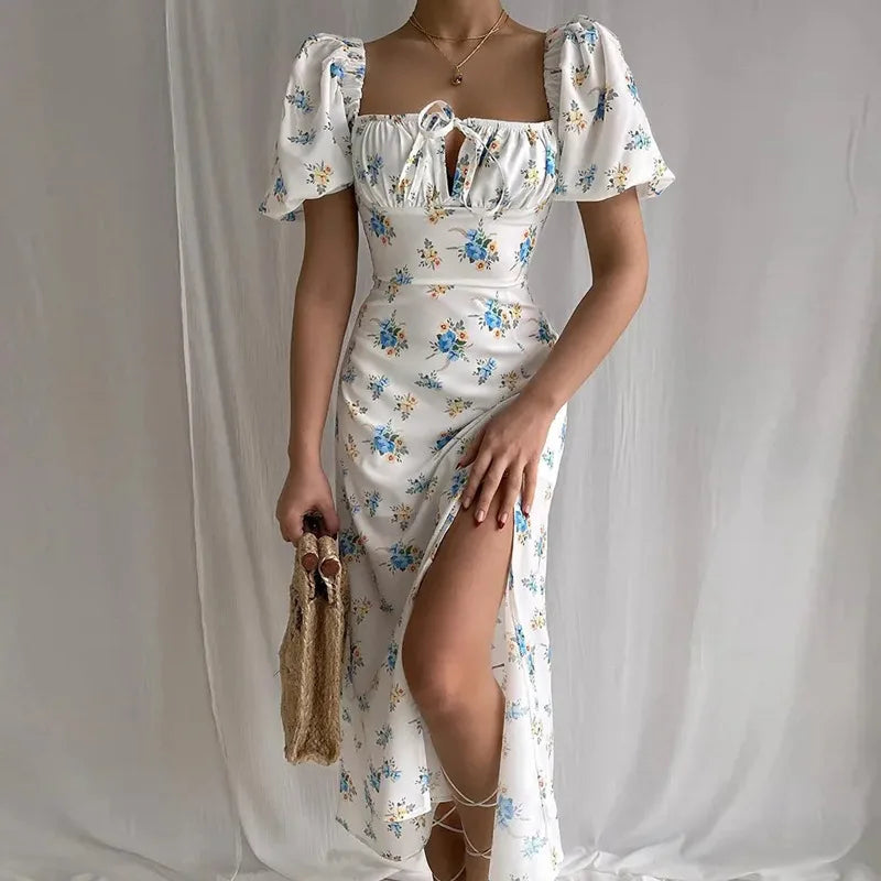 Vestido Midi Floral Manga Globo — Uso Diario