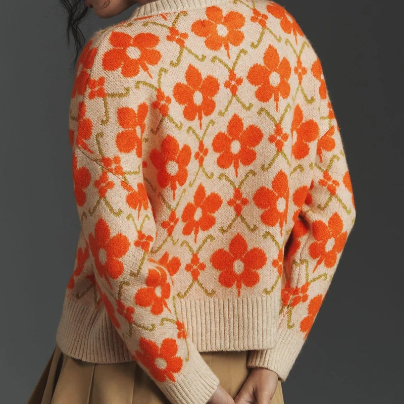Cárdigan Floral Jacquard — Cuello Redondo