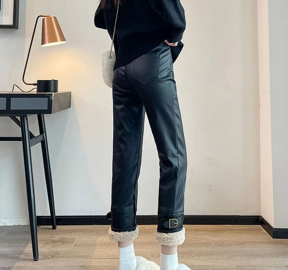 Pantalón de Piel Sintética Afelpada — Tiro Alto de Invierno