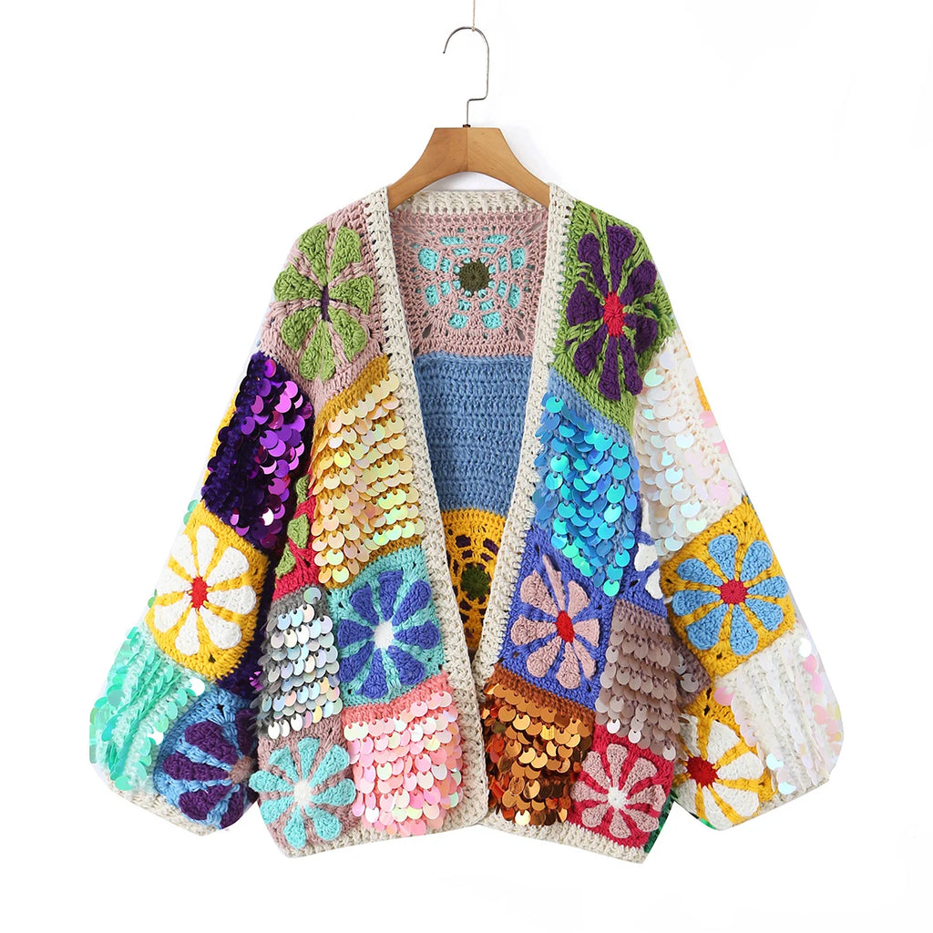 Cárdigan Crochet con Pedrería y Lentejuelas — Manga Farol