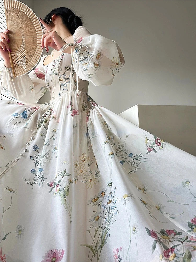 Vestido Midi de Gasa Floral — Manga Larga Afrancesada