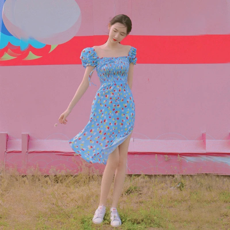 Vestido de Vacaciones Manga Globo con Abertura