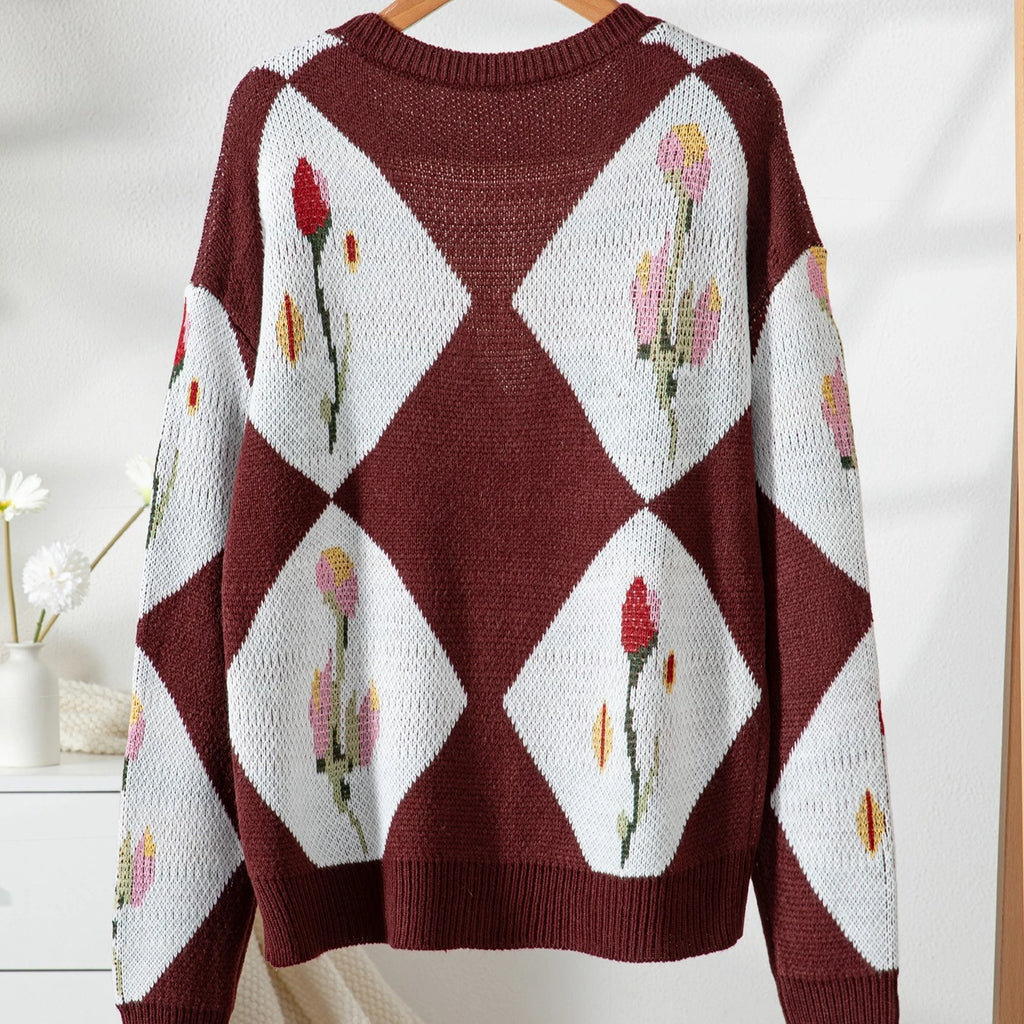 Cárdigan Vintage con Rombos Florales