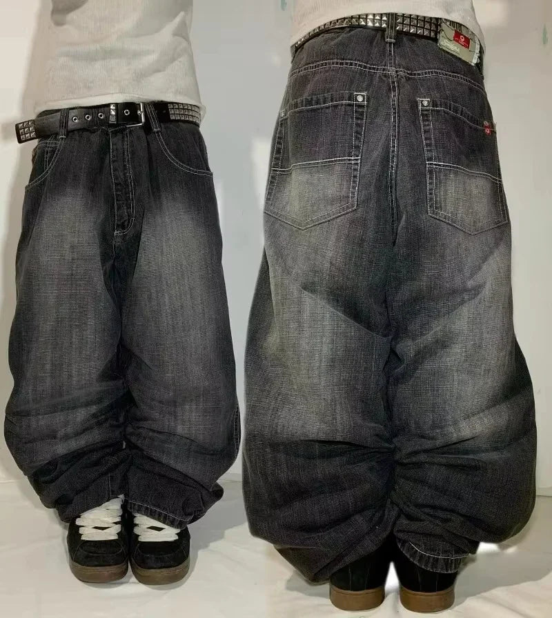 Jeans Anchos Bordados con Flor de Cerezo — Estilo Y2K