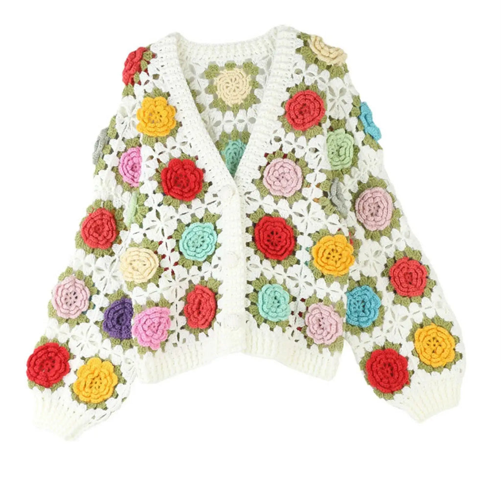 Cárdigan Crochet con Flores 3D — Manga Farol Boho