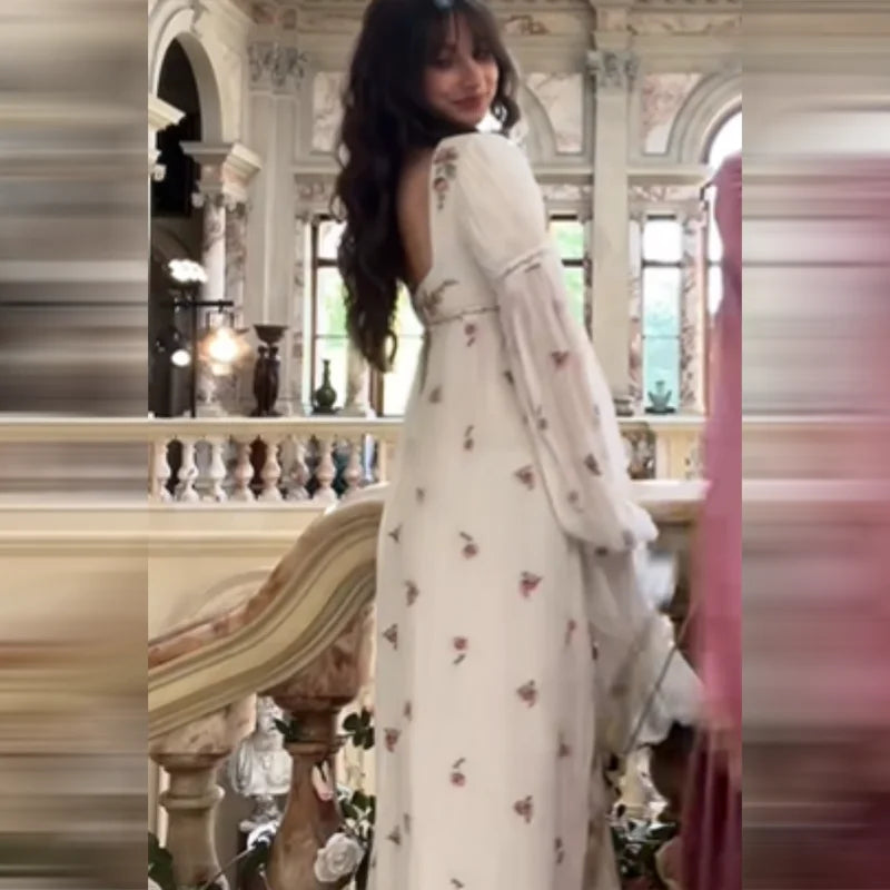 Vestido Maxi Blanco Floral — Manga Larga Abullonada Cottagecore