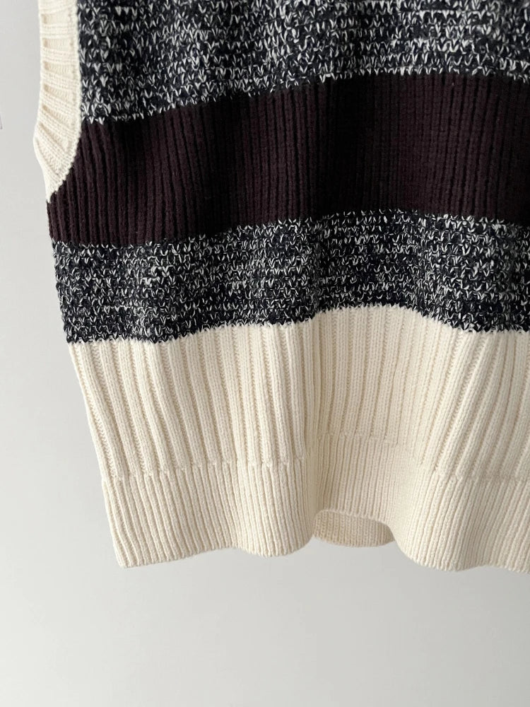 Chaleco Tejido Color Block — Cuello V Acanalado