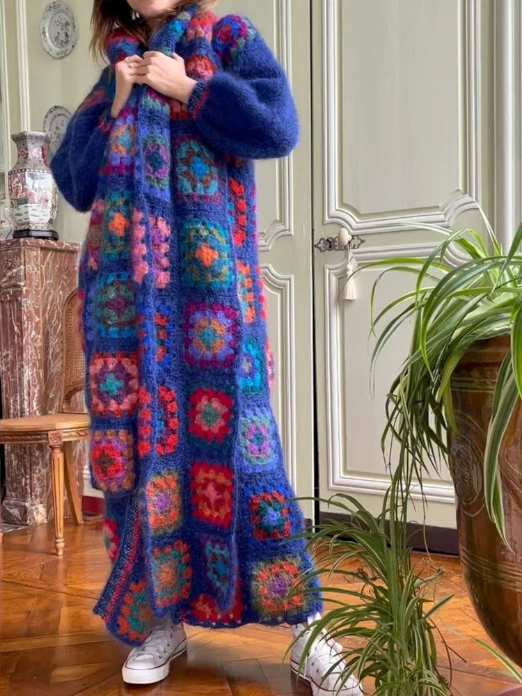 Cárdigan Crochet Largo Vintage — Cuello Redondo