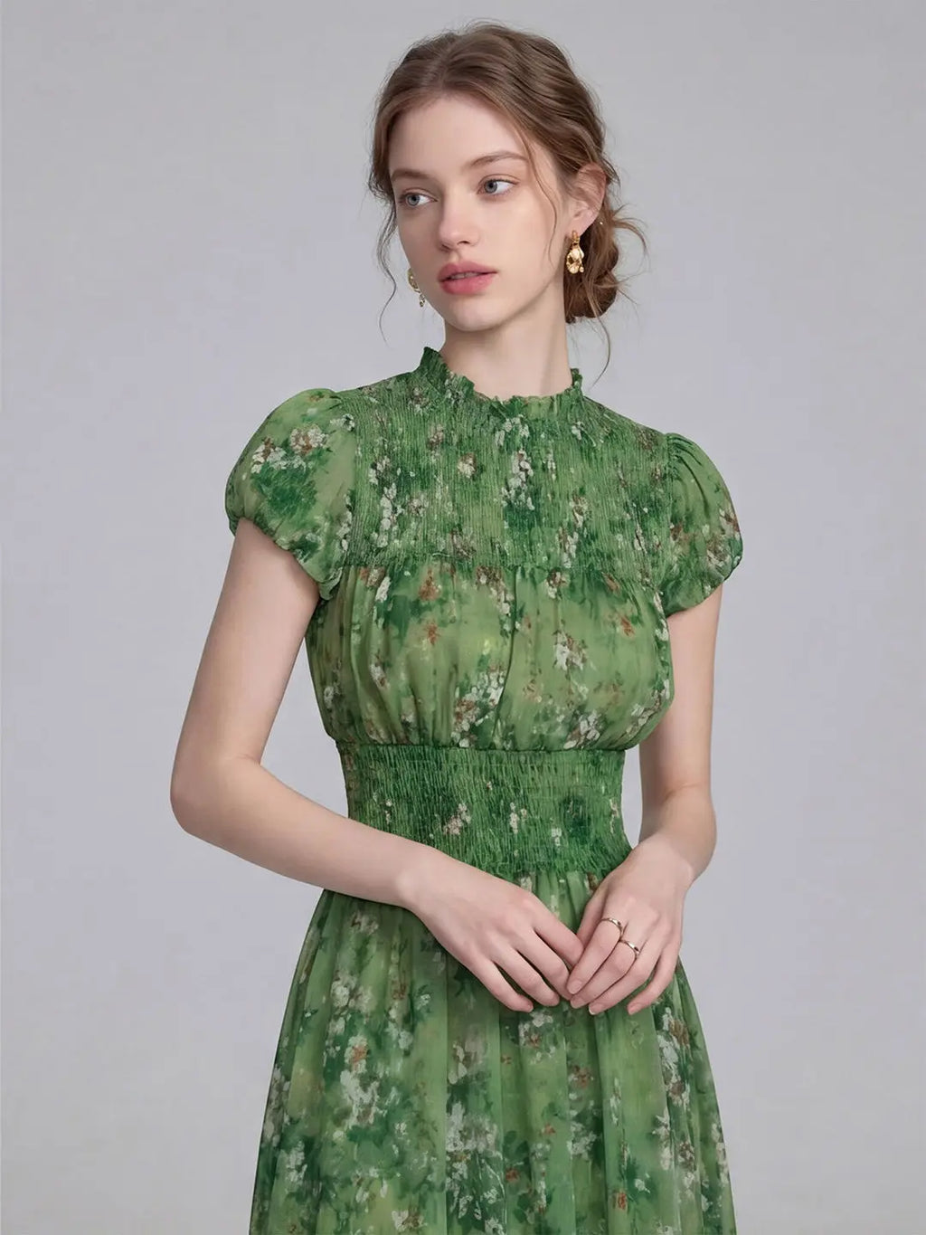 Vestido Verde Manga Globo Talla Grande — Suave y Fluido