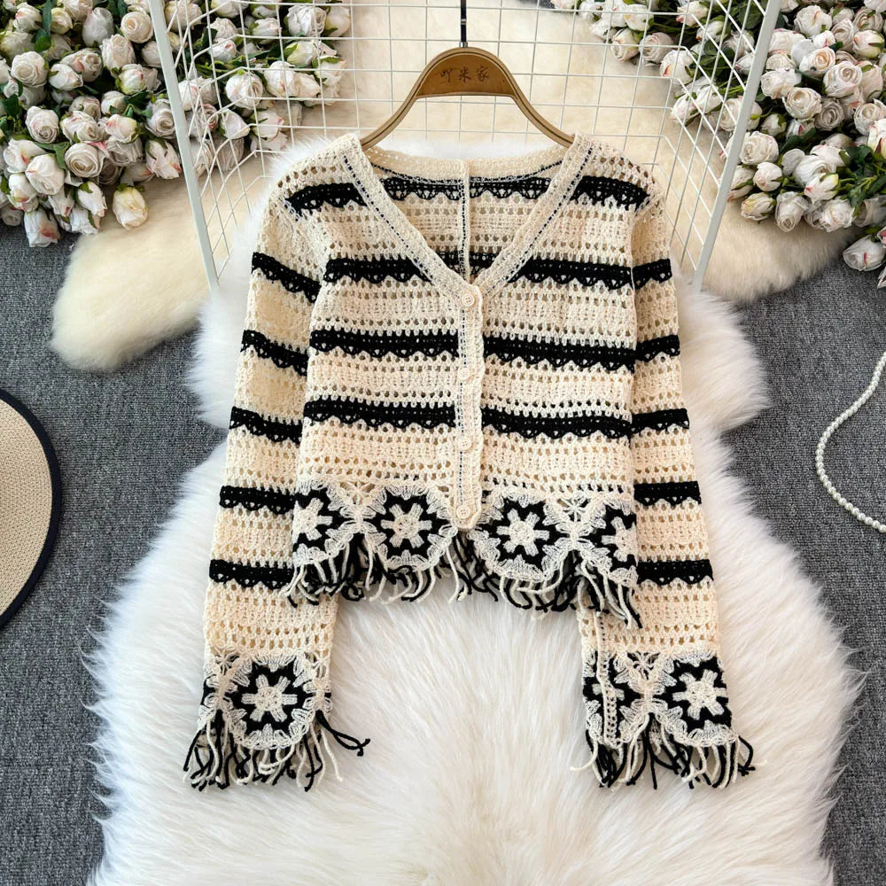 Cárdigan Bordado Floral con Flecos — Crochet