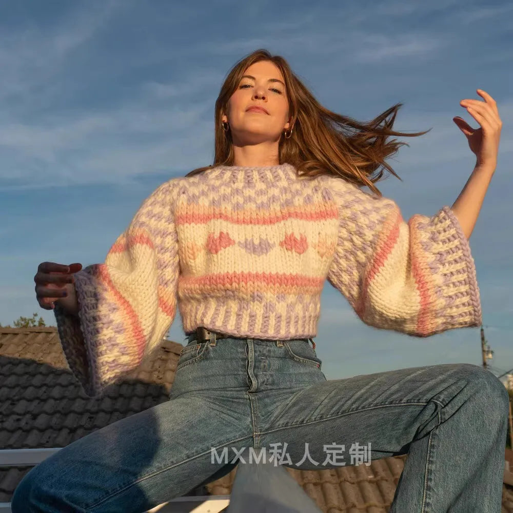 Sweater de Lana Merino con Patrón Geométrico — Tejido Grueso