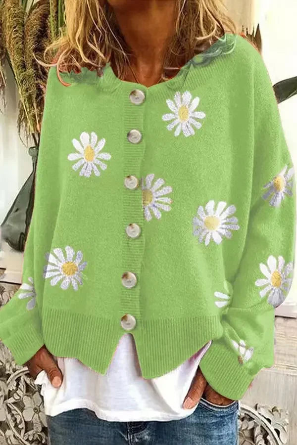 Cárdigan Tejido Floral con Botones — Cuello Redondo
