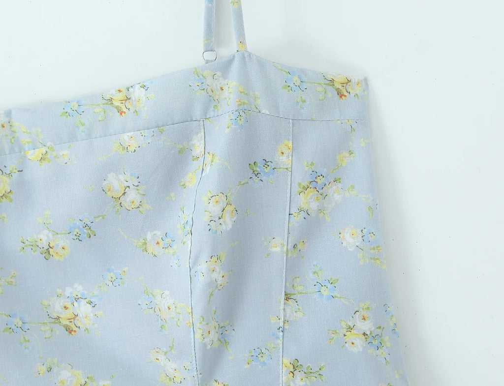 Vestido Mini de Tirantes Azul Floral — Cierre Trasero