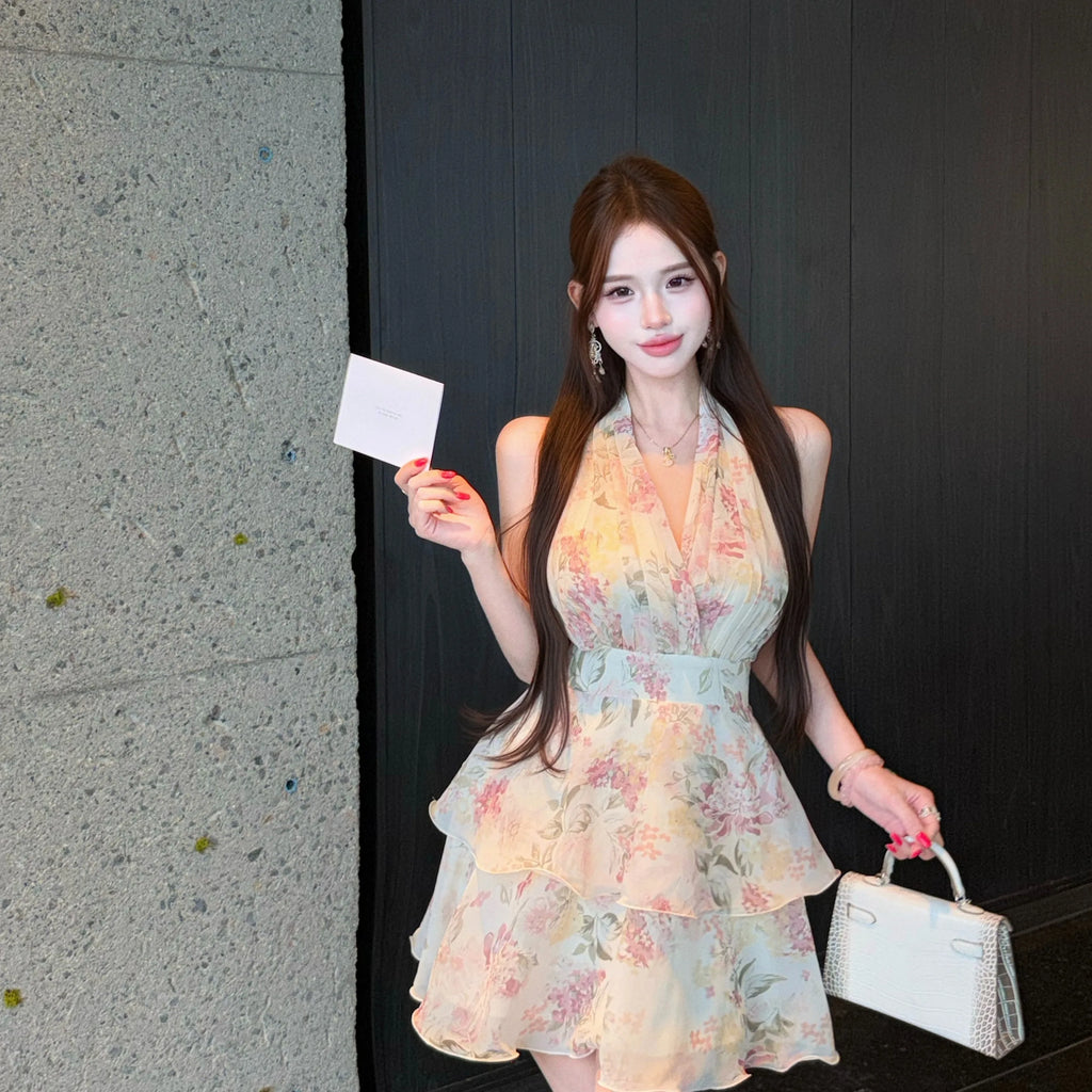 Vestido Halter Floral de Doble Capa — Aire de Cuento de Hadas