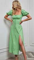 Vestido Floral Sin Tirantes con Abertura — Manga Corta Abullonada