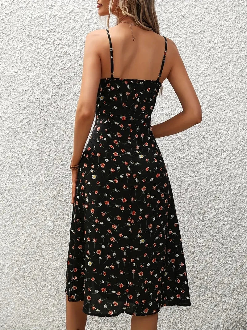 Vestido Boho de Tirantes Floral — Escote Cuadrado y Abertura
