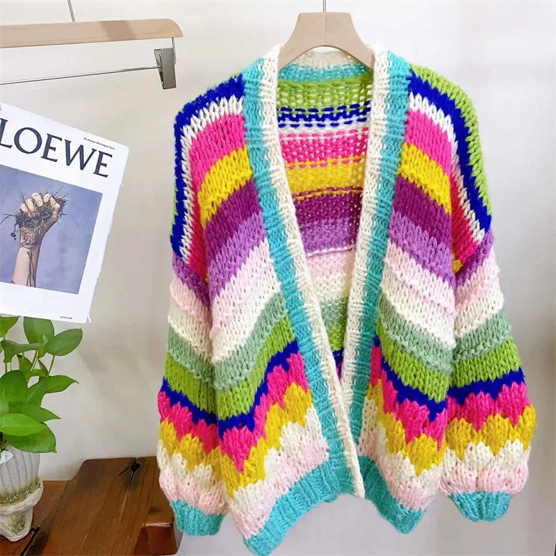 Sweater Grueso Color Block Artesanal — Manga Larga Casual