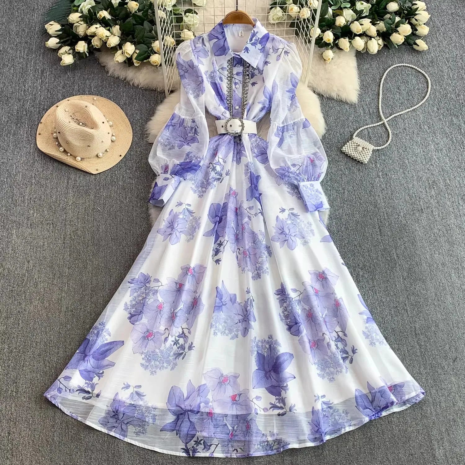 Vestido Estampado Geométrico — Cuello Solapa y Manga Farol