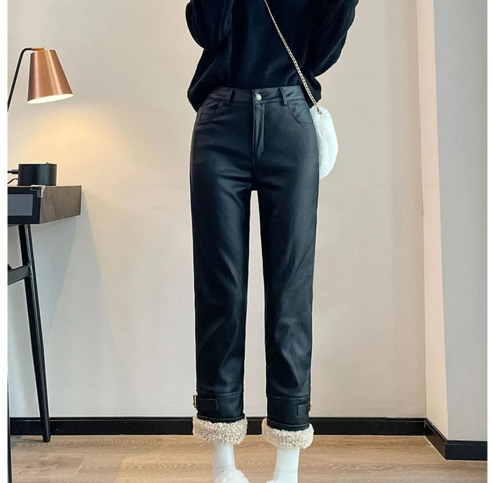 Pantalón de Piel Sintética Afelpada — Tiro Alto de Invierno