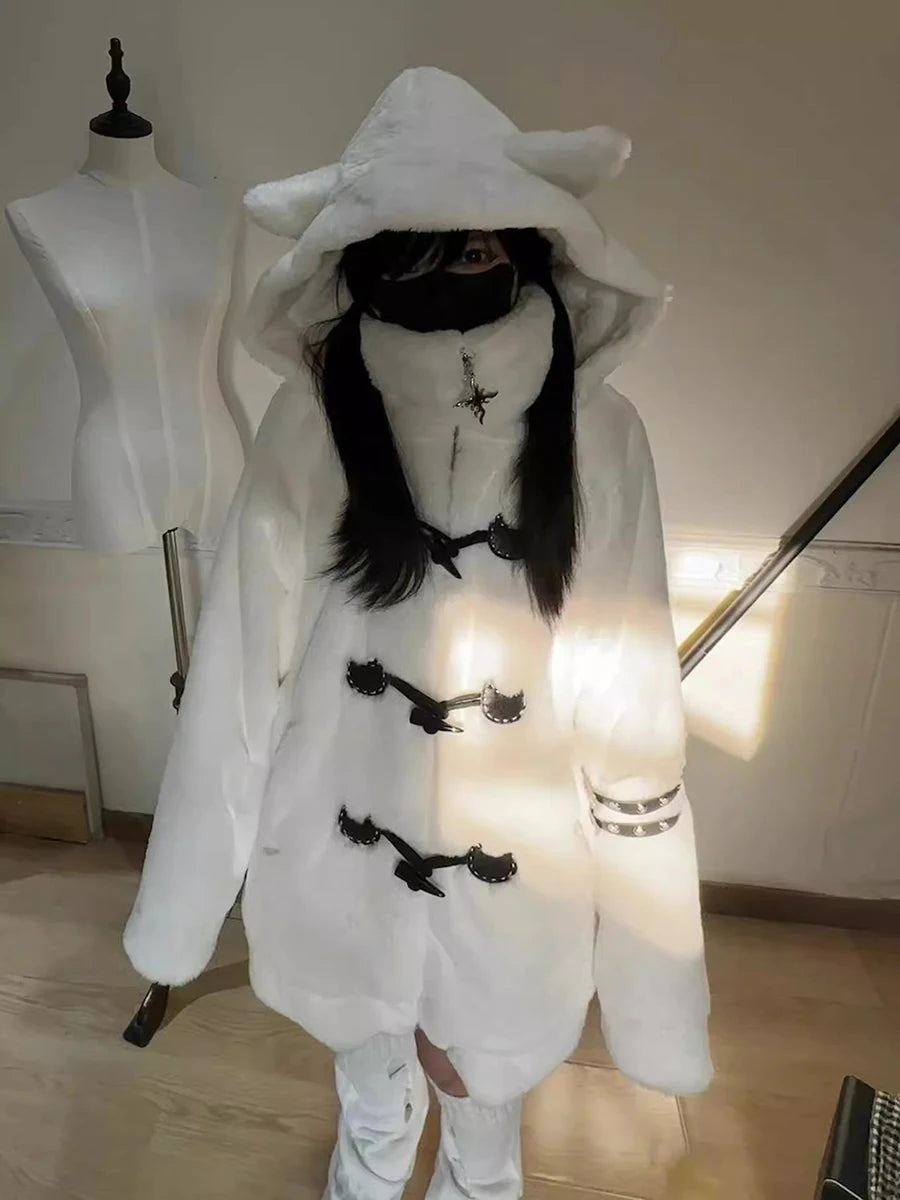 Hoodie Oversize de Piel Sintética Blanca con Orejas de Oso