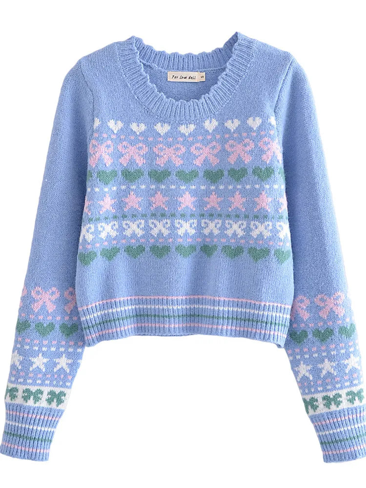 Conjunto Sweater Corto Azul con Corazones y Falda Mini — Set a Juego