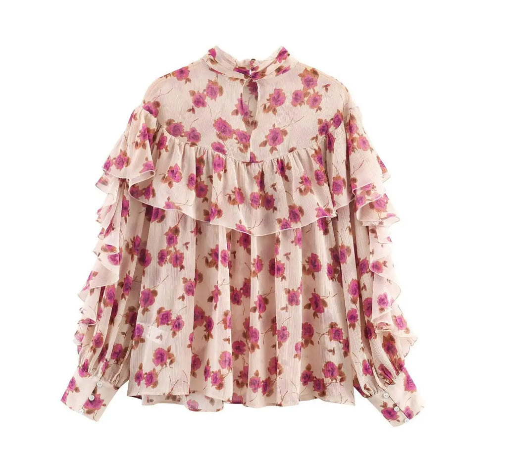 Blusa Floral con Volados — Cuello Alto y Manga Farol