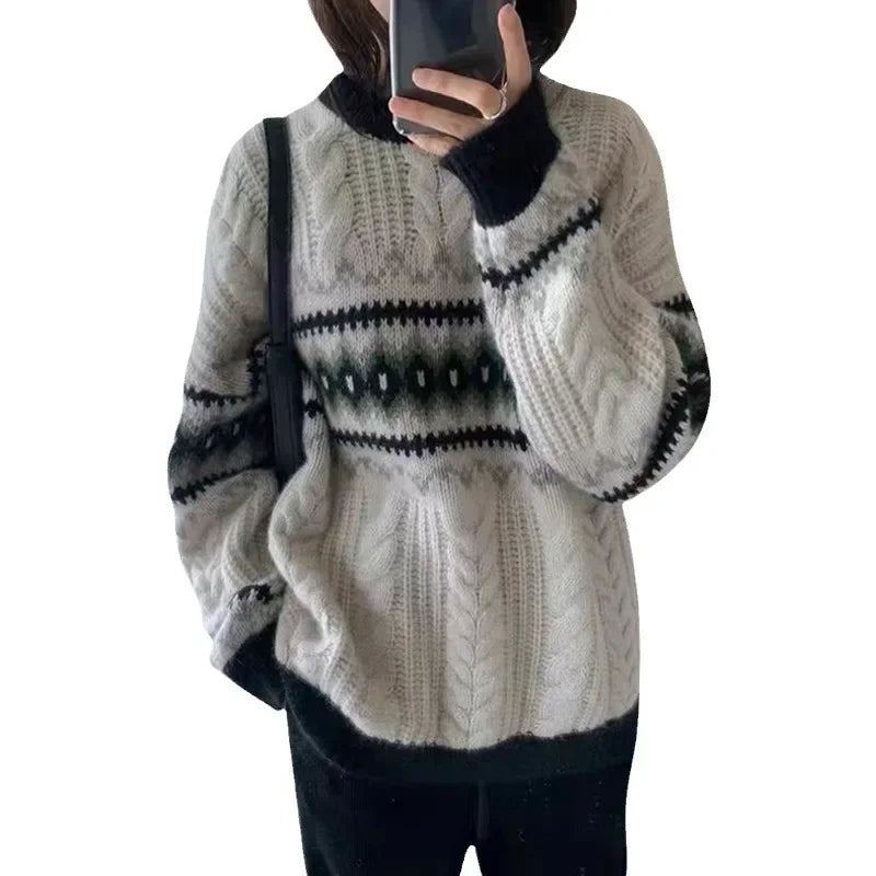 Sweater Tejido Estampado Vintage — Cuello Redondo