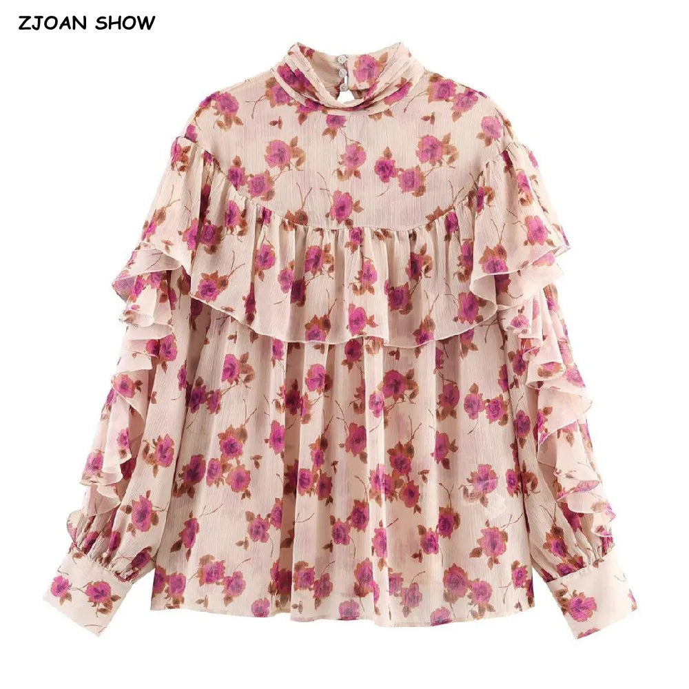Blusa Floral con Volados — Cuello Alto y Manga Farol
