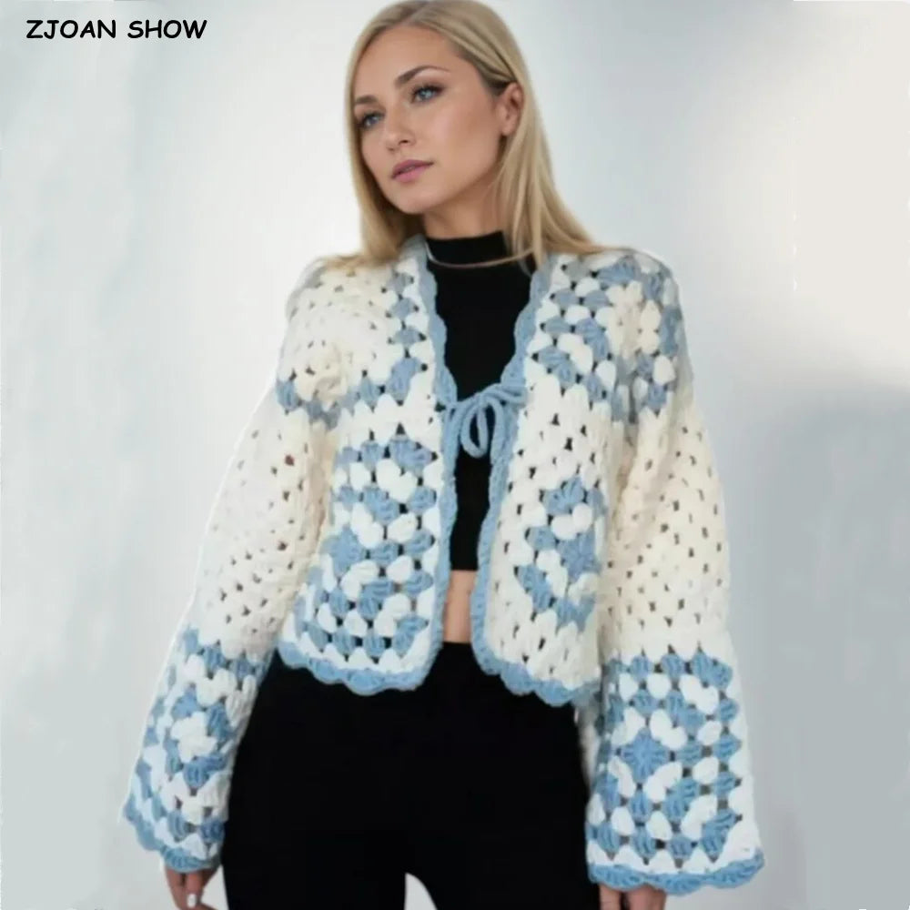 Cárdigan Crochet con Lazo Frontal — Cuello V Boho