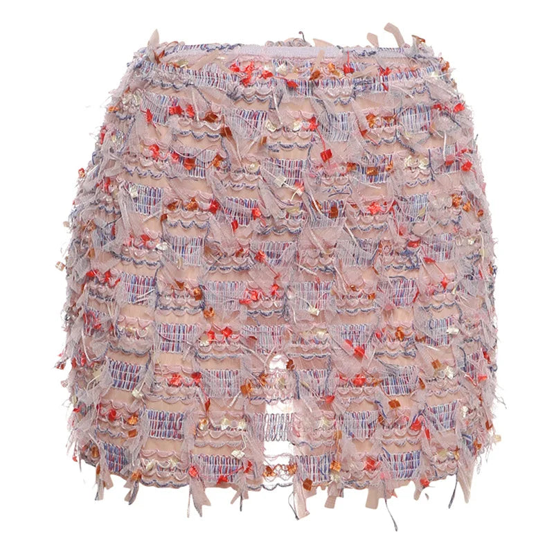 Falda Tejida Ajustada con Flecos de Colores — Streetwear