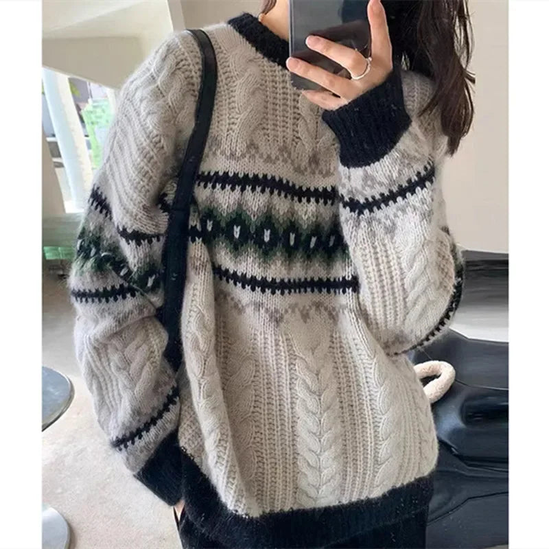 Sweater Tejido Estampado Vintage — Cuello Redondo