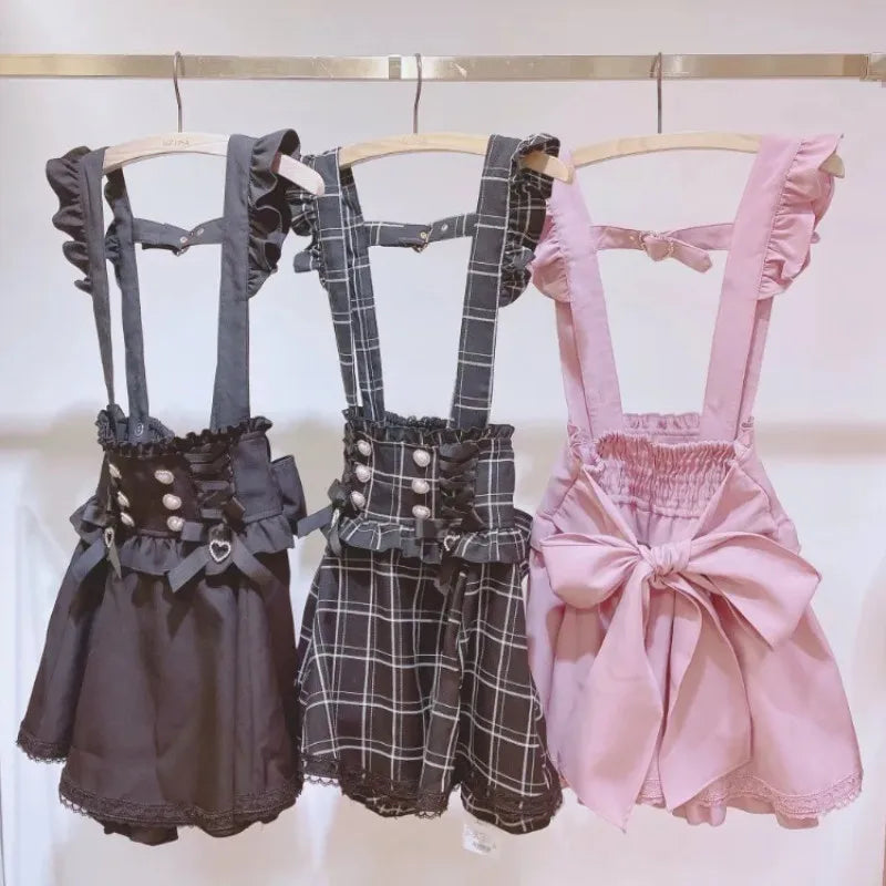 Falda Tiro Alto con Tirantes y Lazo — Estilo Kawaii