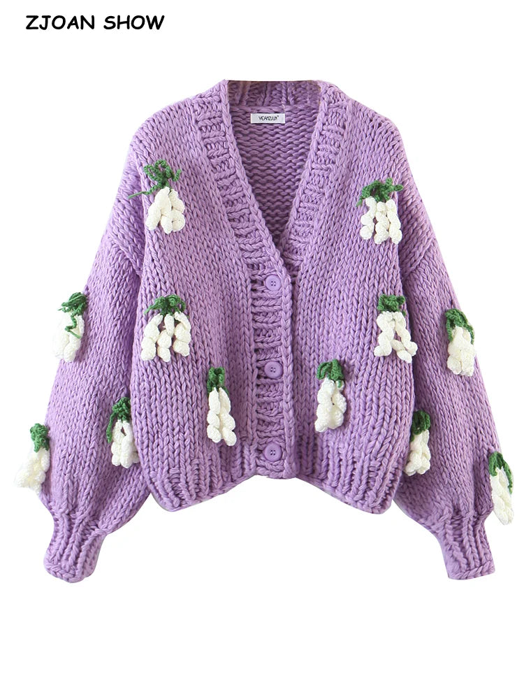 Cárdigan Crochet con Pompones 3D — Cuello V Retro