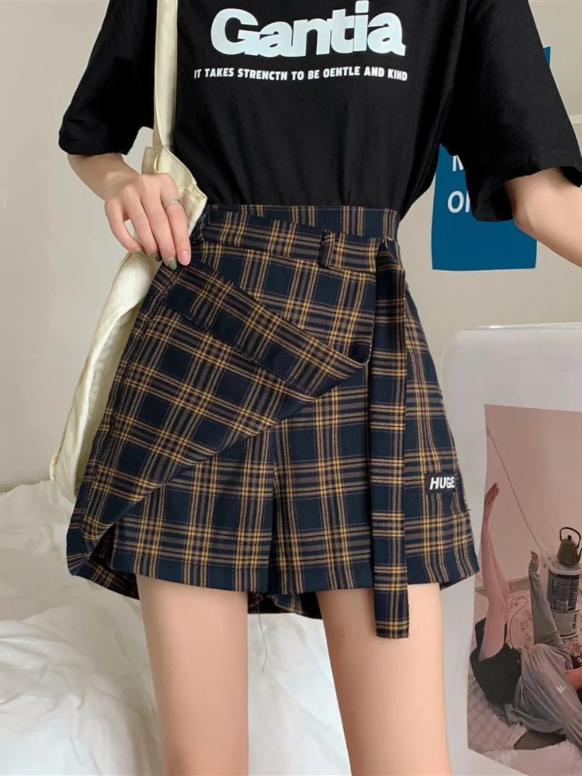 Falda Trapecio a Cuadros Talla Grande — Estilo Coreano