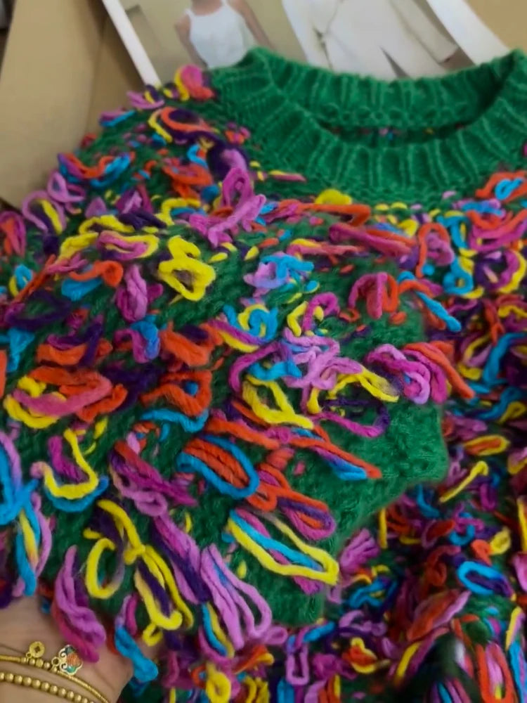 Sweater Multicolor con Flecos — Estilo Vintage Artesanal