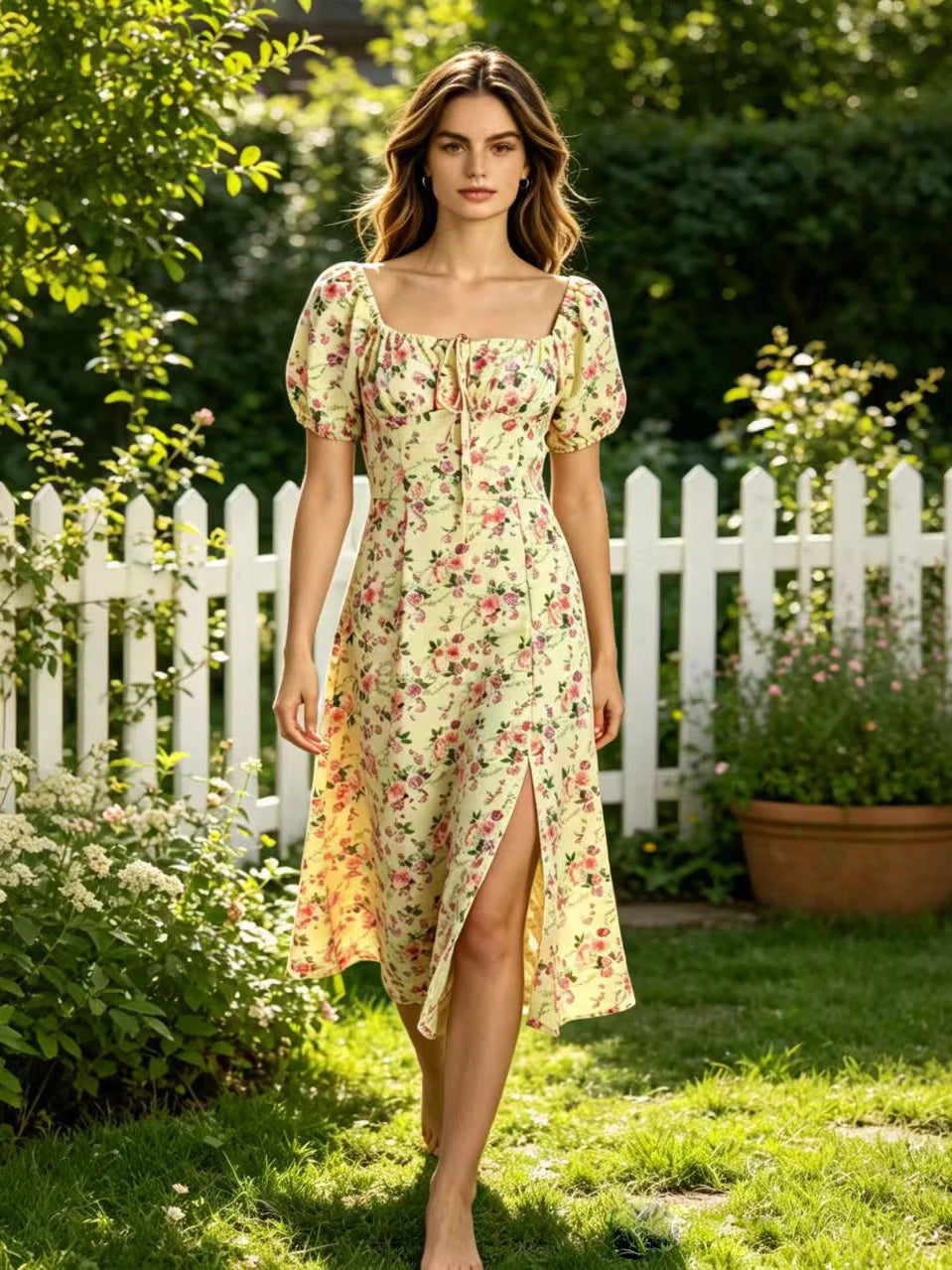 Vestido Largo Boho Floral — Escote Cuadrado y Mangas con Lazo