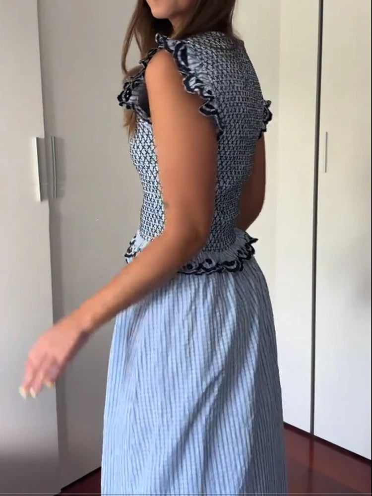 Conjunto Falda Larga Azul y Top Bordado — Set de Vacaciones
