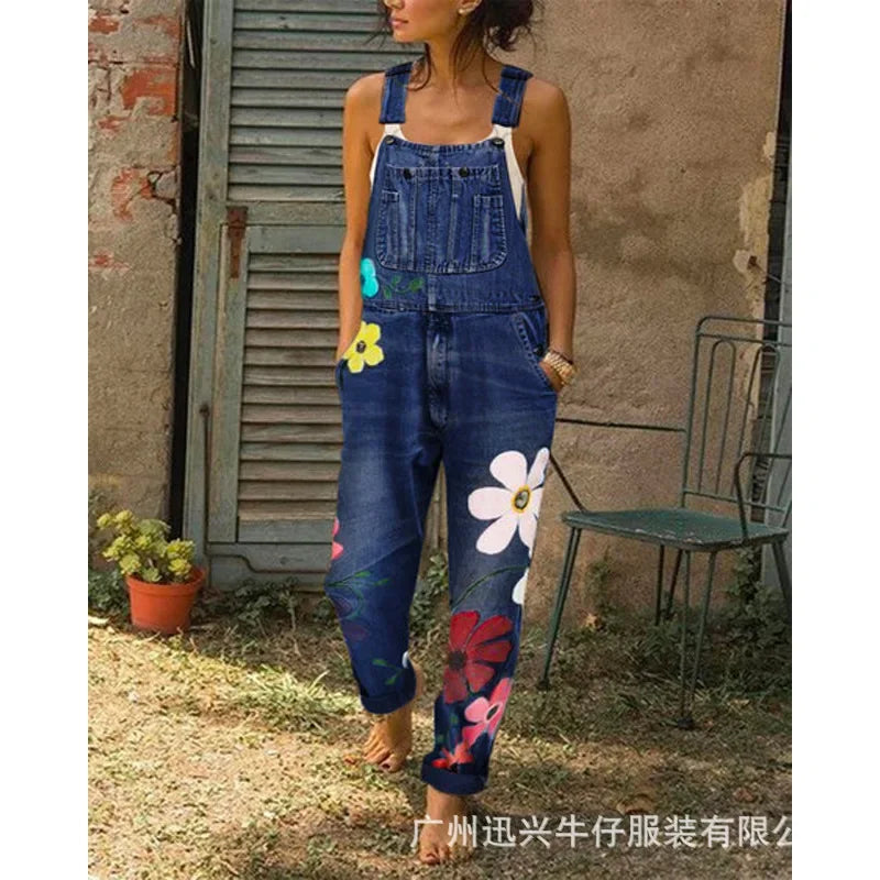 Overol de Denim con Tirantes — Estampado Floral