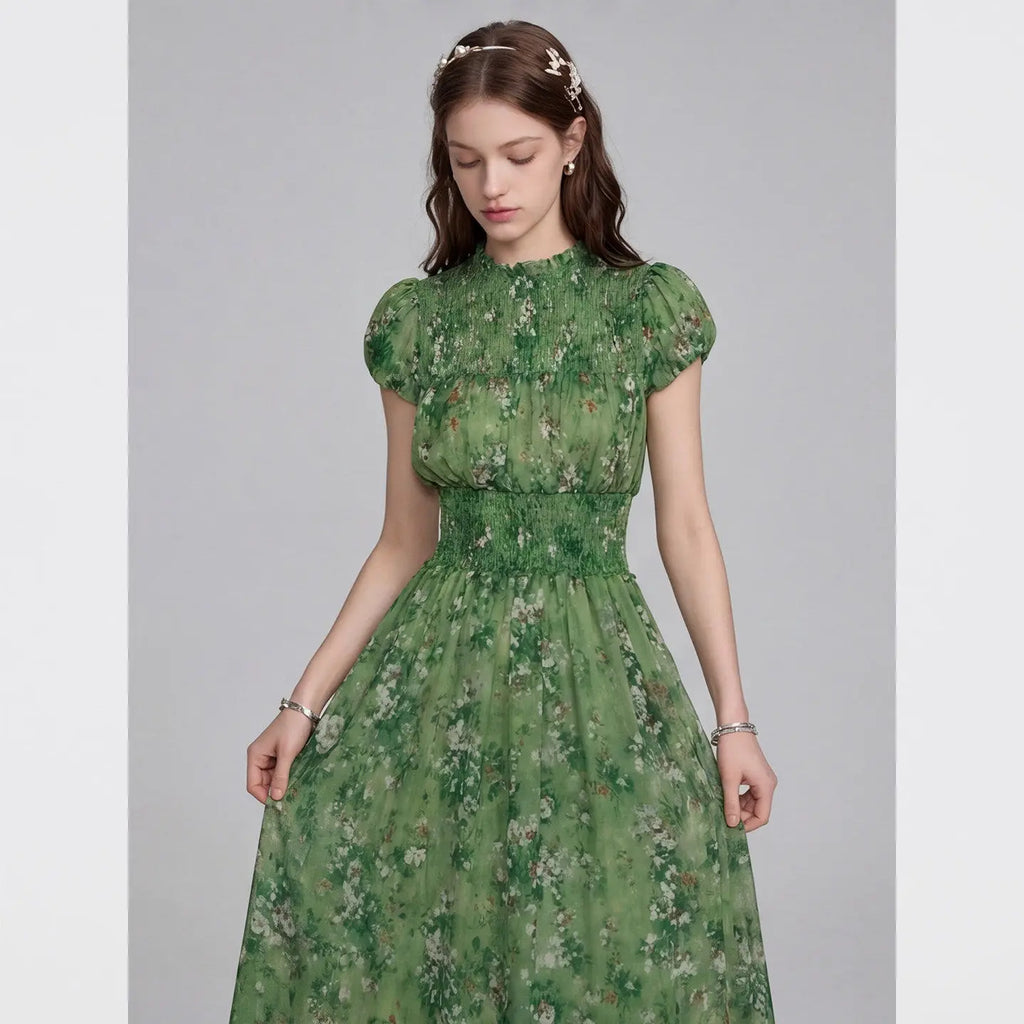 Vestido Verde Manga Globo Talla Grande — Suave y Fluido