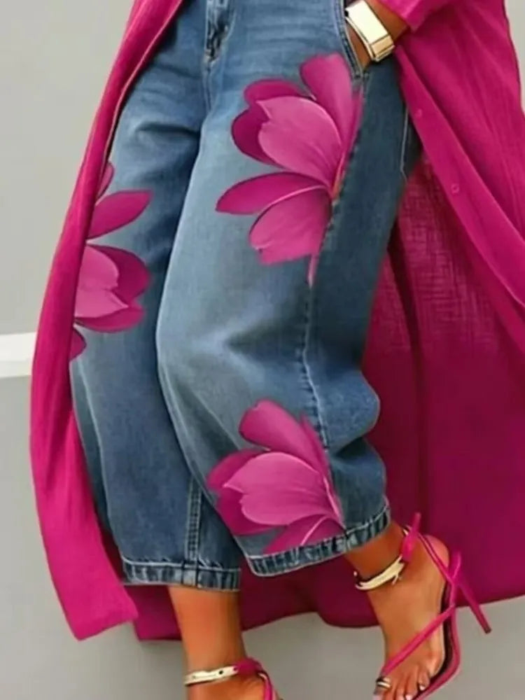 Pantalón Efecto Denim Estampado — Corte Ancho 7/8