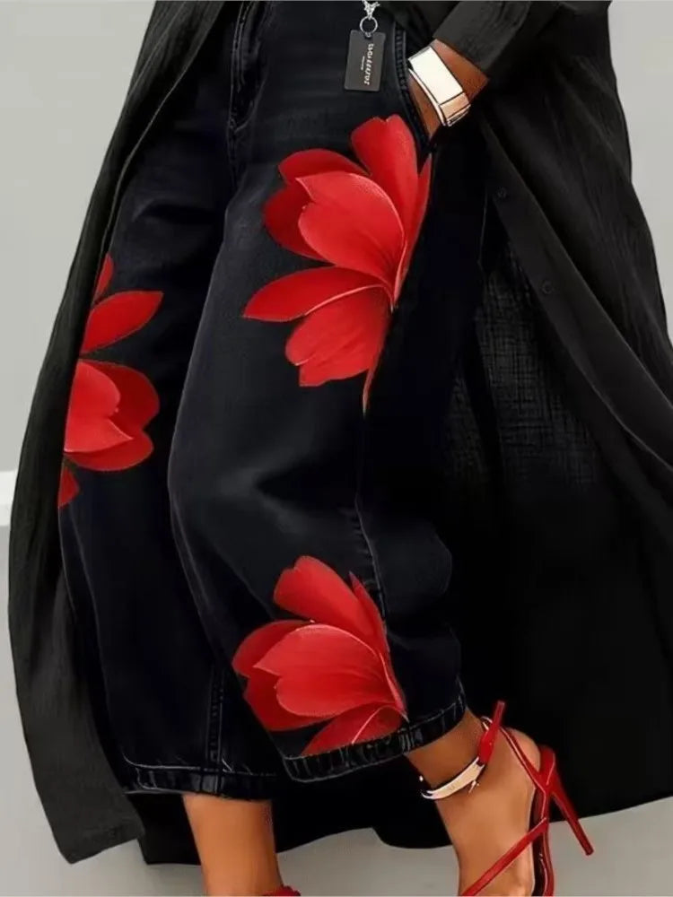 Pantalón Efecto Denim Estampado — Corte Ancho 7/8