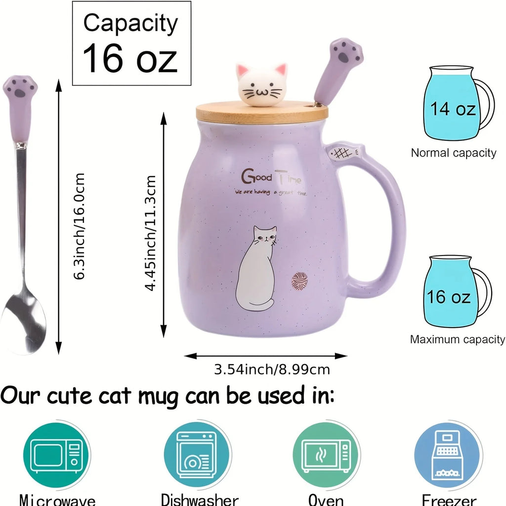 Taza Gato Kawaii con Tapa y Cuchara