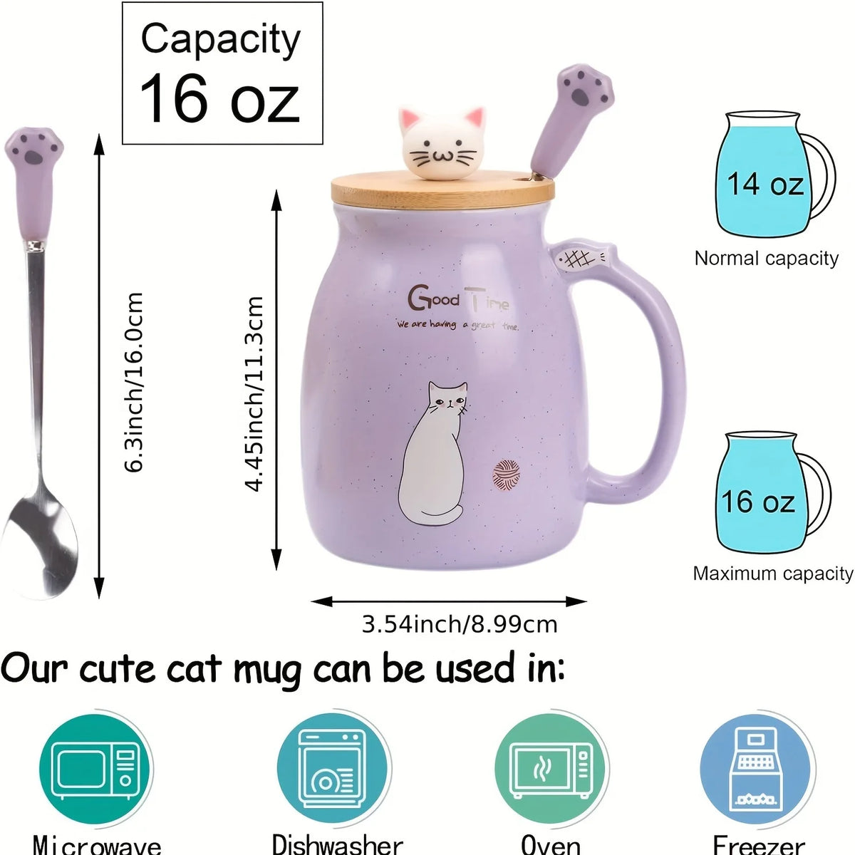 Taza Gato Kawaii con Tapa y Cuchara