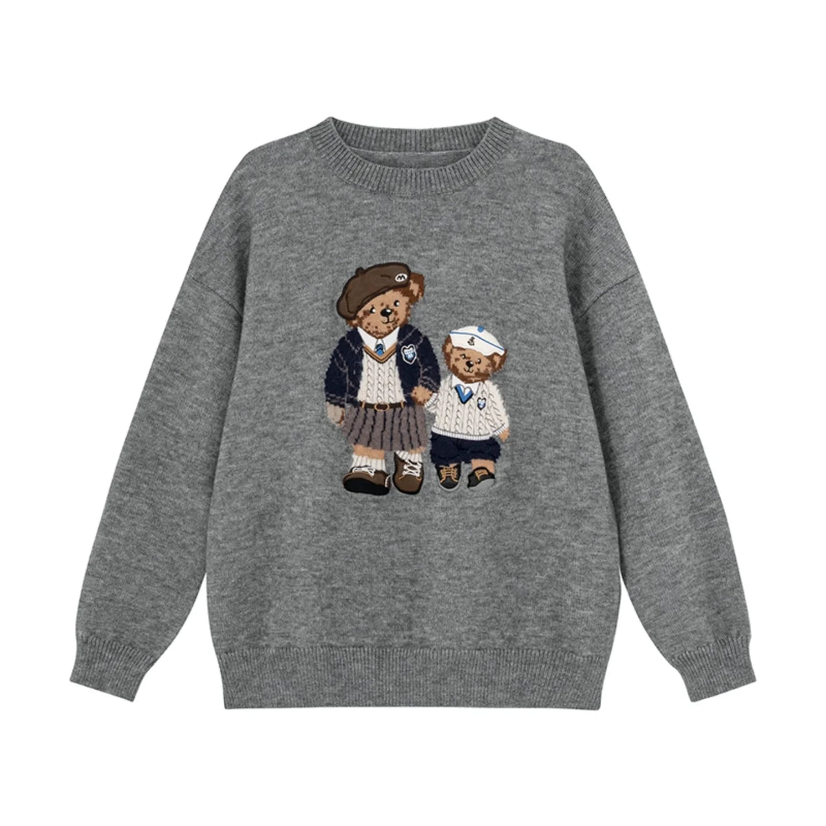 Sweater Bordado de Oso Trenzado — Estilo Universitario